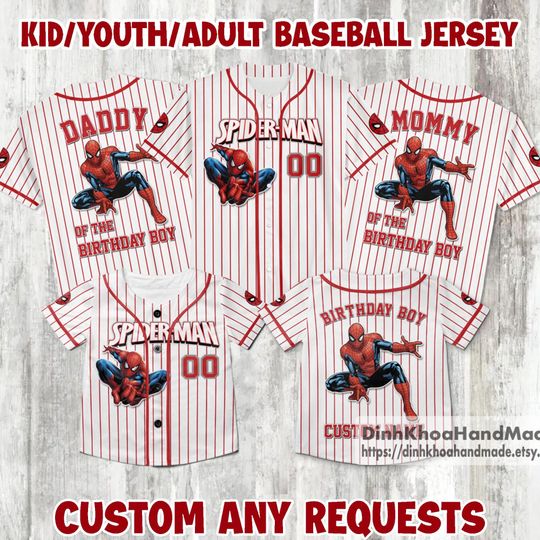Personalized Spiderman Baseball Jersey, Custom Spiderman Birthday Boy Baseball Jersey Team, Matching Family T-Shirt