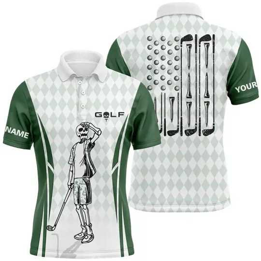 Green Argyle Patriotic Golf Polo Shirts Custom Skull Golf Shirt For Unisex Fans