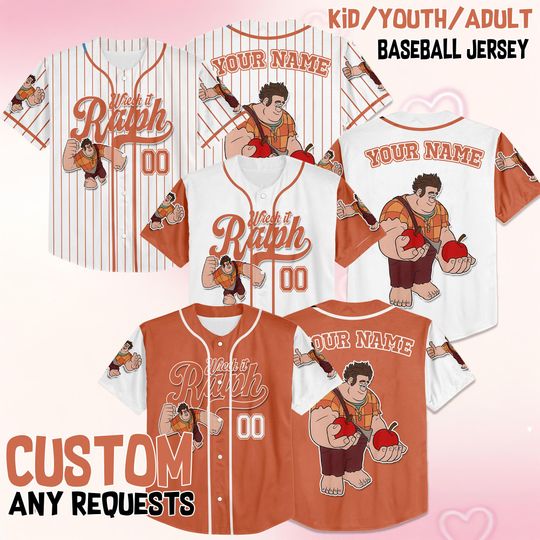 Custom Disney Wreck it Ralph Baseball Jersey, Disney Baseball Jersey Sports, Cute Gifts For Fans Disney, Best Birthday Gift, Magic Kingdom