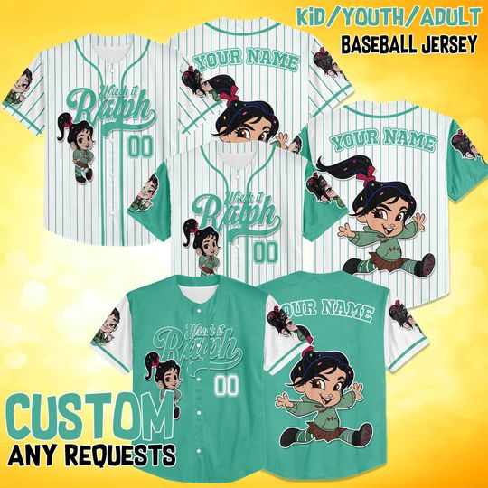 Custom Disney Vanellope von Schweetz Wreck it Ralph Baseball Jersey, Baseball Jersey Matching, Disney Baseball Fan Lover Jersey Gift