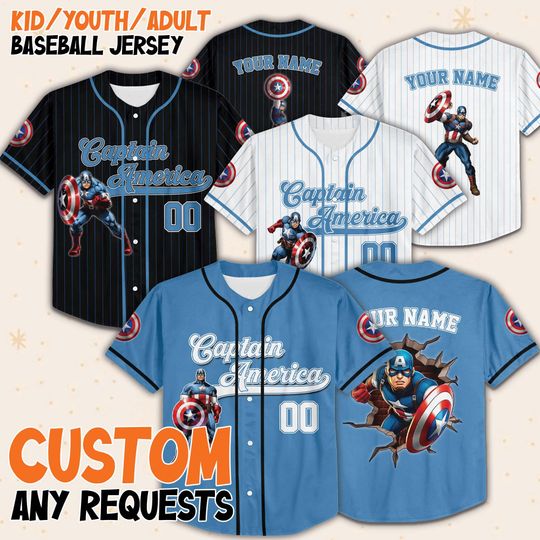 Custom Marvel Captain America Collection Baseball Jersey, Captain Superhero Kids Jersey, Captain Jersey, Superhero Matching Group Shirts