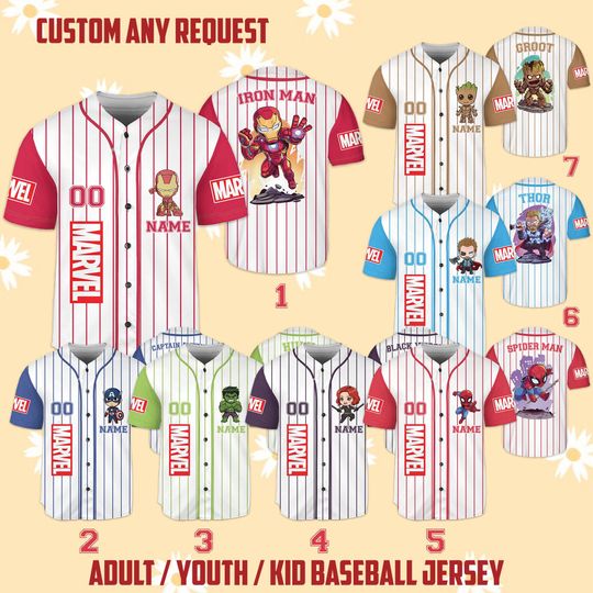 Custom Marvel Avengers Collection Baseball Jersey, Superhero Squad Spiderman Birthday Jersey, Marvel Family Matching, Jersey Sport Team