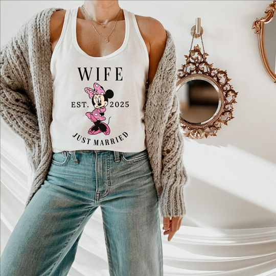 Disney Minnie Wifey Racerback, Honeymoon Gift Tank, Just Married Wife Racerback, Est. 2025 Just Married Tank For Women, Disney Honeymoon Top