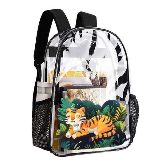 Tiger Transparent Bag, Rainbow Transparent Backpack, See Through Rucksack, Airport Bag, Clear Travel Bag, Tiger Jungle