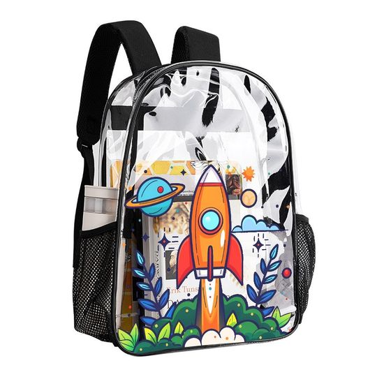 Rocket-themed backpack, Transparent Backpack, See Through Rucksack, Clear Travel Bag, Trendy Beach Bag, Space Enthusiast for Kids