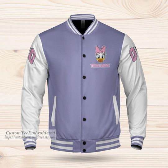 Personalize Daisy Duck Varsity Jacket, Adult Varsity Jacket, Personalized Disney Jacket, Baseball Team Outfit, Disney Uniform Varsity