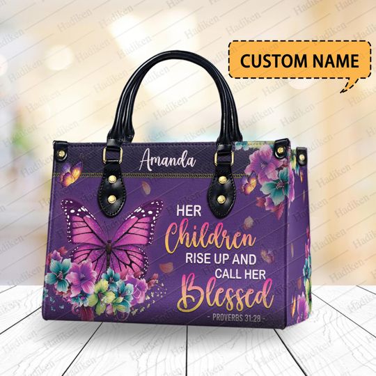 Custom Name Christian Leather Handbag  Personalized Religious Handbag for Women, Christian Cross & Butterfly Bag, Faith-Based Gift for Her