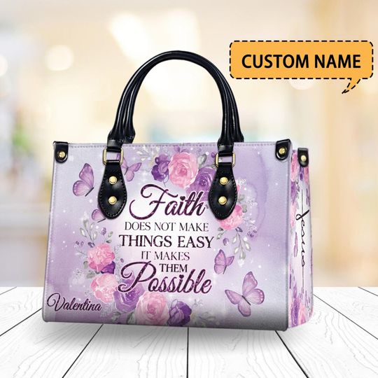 Personalized Faith PU Leather HandbagCustom Name Christian Tote, Religious Butterfly Floral Purse, Inspirational Bible Verse Gift for Women