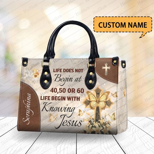 Custom Name Christian Leather Handbag  "Life Begins with Knowing Jesus" Religious Purse, Personalized Faith-Based Gift for Women