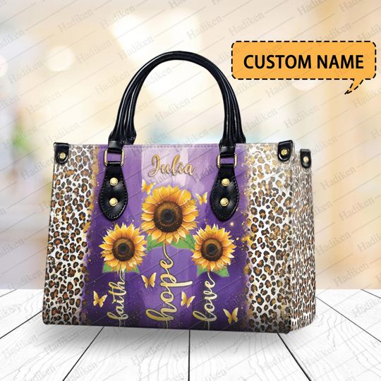 Personalized Christian Handbag  Faith Hope Love Tote  Purple Sunflower Leopard Purse  Inspirational Gift for Women