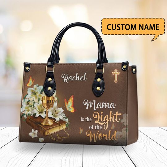 Personalized Christian Leather Handbag for Mom  Religious Tote with Bible, Chalice & Flowers  Faith-Based Gift for Mother's Day