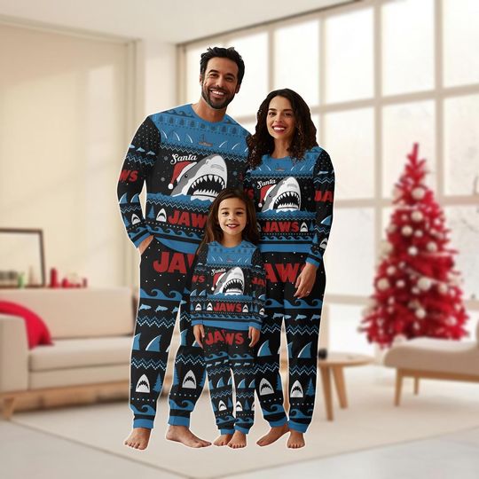 Jaws Movie Family Pajamas, Santa Jaws Holiday Pajamas, Funny Shark Xmas Shirt, Pajamas For Party, Matching Pajamas Set, Christmas Gift