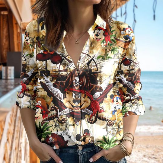Disney Mickey Mouse Pirate Treasure Map Shirt, Mickey Mouse Women Shirt, Mouse Button Shirt, Cartoon Blouses Shirt, Magic Kingdom Gift