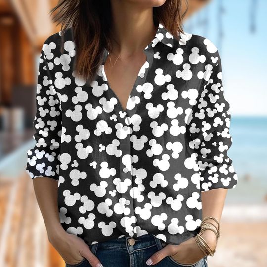Disney Mickey Mouse Head T-Shirt, Mickey Mouse Women Casual Shirt, Animated Button Up Shirt, Cartoon Women Blouses Shirt, Magic Kingdom Gift