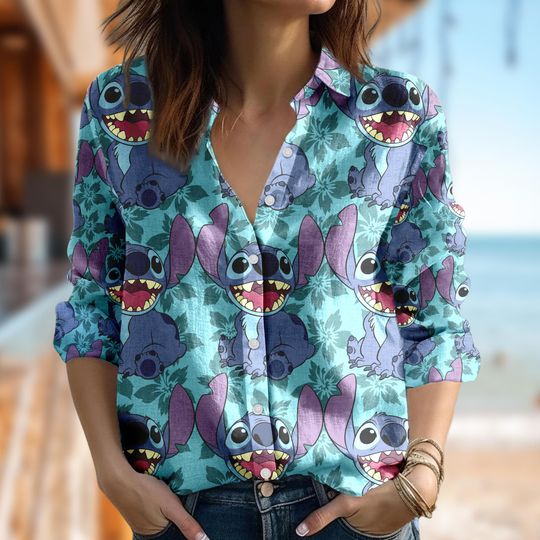 Cute Disney Stitch Shirt, Blue Dog Casual Women Shirt, Stitch Cartoon Shirt, Monster Characters Women Blouses Shirt, Magic Kingdom Gift
