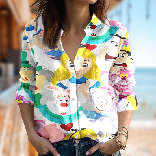 Disney Alice in Wonderland Shirt, Movie Characters Casual Shirt, Alice Cartoon Women Blouses Shirt, Magic Kingdom T-Shirt, Family Trip Gift