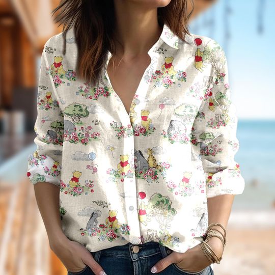 Disney Winnie The Pooh Women Casual Shirt, Tigger Piglet Eeyore Shirt, Animated Cartoon Button Down T-Shirt, Magic Kingdom Party Gift