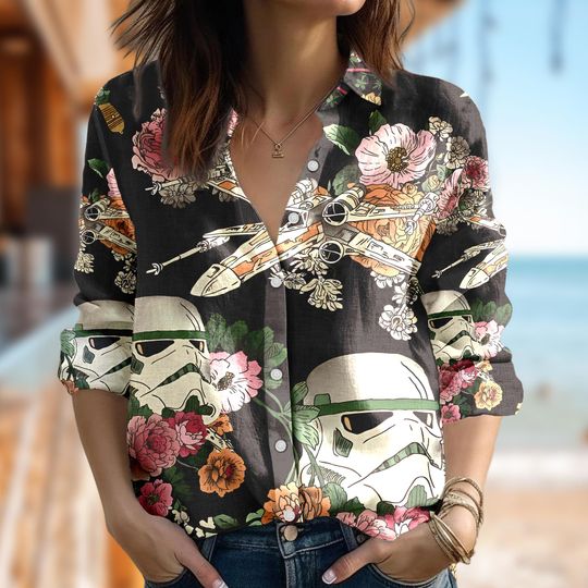 Floral Star Wars Women Casual Shirt, Stormtrooper Shirt, Cartoon Women Blouses Shirt, Star Wars Shirt, Galaxy's Edge Family Party Gift