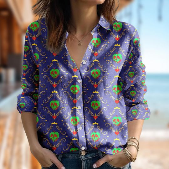 Disney Evil Queen Women Shirt, Snow White And The Seven Dwarfs Button Down Shirt, Villain Casual Shirt, Horror Cartoon Gifts For Women