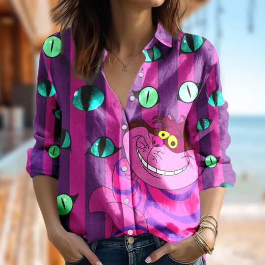 Disney Alice In Wonderland Shirt, Cheshire Cat Casual Shirt, Cartoon Women Blouses Shirt, Magic Kingdom T-Shirt, Family Trip Gift