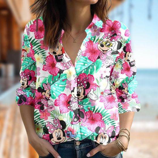 Floral Disney Minnie Mouse Women Casual Shirt, Minnie Mouse Shirt, Cartoon Women Blouses Shirt, Magic Kingdom Shirt, Family Trip Gift