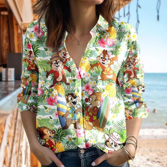 Tropical Chip'n Dale Casual Shirt, Disney Chip and Dale Shirt, Cartoon Women Blouses Shirt, Squirrel Magic Kingdom Trip Gift For Women