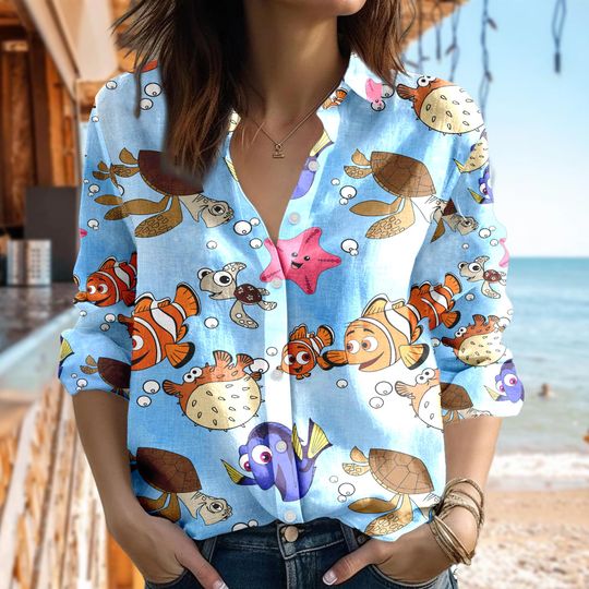 Disney Finding Nemo T-Shirt, Nemo Women Casual Shirt, Finding Dory Button Up Shirt, Cartoon Women Blouses Shirt, Magic Kingdom Trip Gift