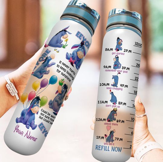 Custom Eeyore Water Tracker Bottle 32oz, Disney Motivational Bottle, Winnie The Pooh Characters Drink Bottles, Eeyore Donkey Water Bottle