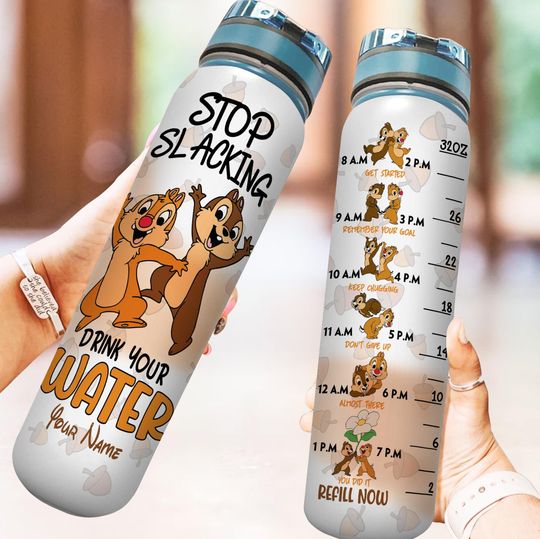 Custom Chip And Dale Water Bottle, Squirrel Drink Bottle, Double Trouble 32oz Motivational Bottle, Disney Chip 'n Dale Water Tracker Bottle