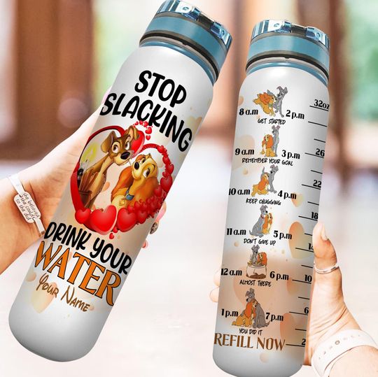 Custom Disney Lady And The Tramp Water Bottle, Lady And Tramp Bottle, Disney 32oz Water Tracker Bottle, Magic Kingdom Motivational Bottle