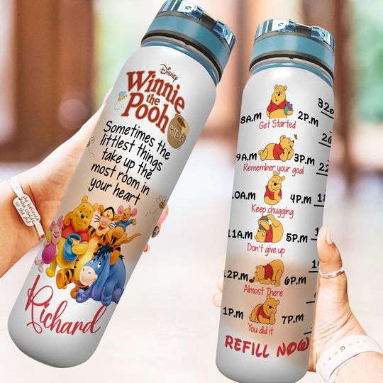 Custom Winnie the Pooh Water Tracker Bottle, Cute Pooh and Tiger Drink Water Tracker, Cartoon 30oz Water Bottle, Magic Kingdom Gym Bottle
