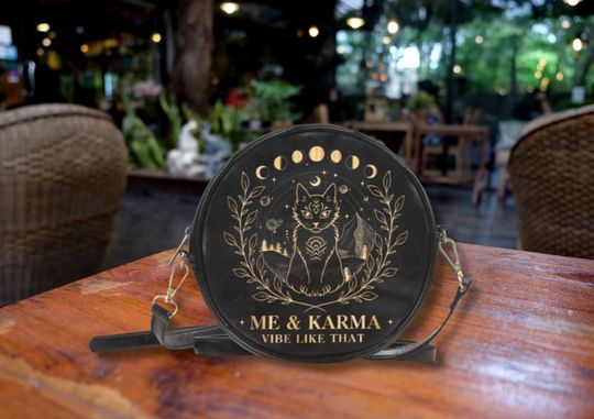ME & KARMA Vibe like That Circle Crossbody Bag, Karma Cat Sling Bag, Black Cat Messenger Bag, Mystical Round Drum Bag