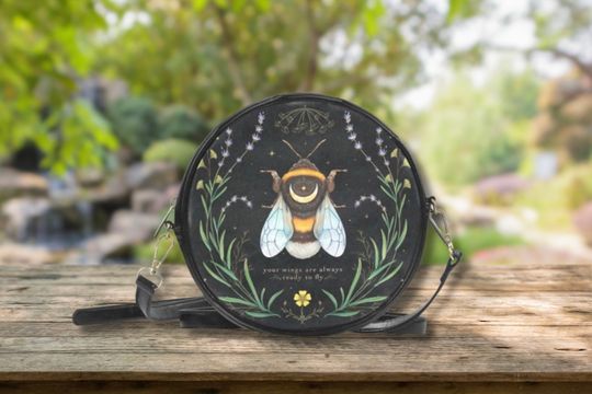 FLORAL BEE MYSTICAL Celestial Round Crossbody Bag, Black Messenger Bag,  Nature inspired Sling Bag, Mothers Day gift