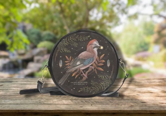 BLUE JAY Round Crossbody Bag, Vegan Leather Purse, Mystical Bird Sling Bag, Black Messenger Bag,  Cottagecore Drum Bag