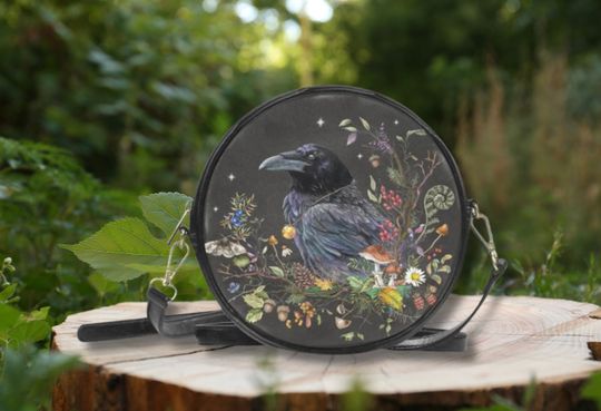 RAVEN Round Messenger Bag, Vegan Leather Crossbody Purse, Black Crow Black Bag, Witchy Bird Sling Bag, Dark Cottagecore Shoulder Purse