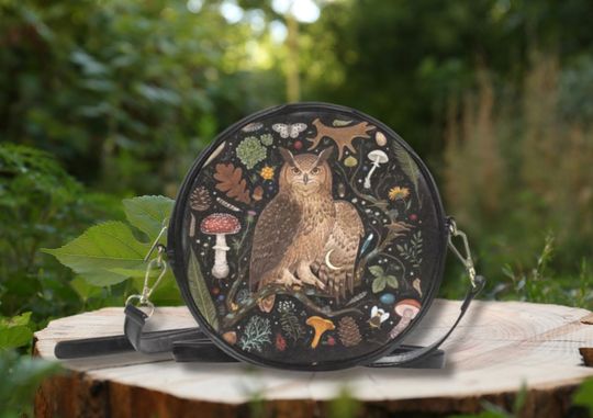 MYSTICAL OWL Round Crossbody Bag, Forestcore Messenger Bag, Enchanted Forest Shoulder Bag, Witchy Sling Bag, Nature bag