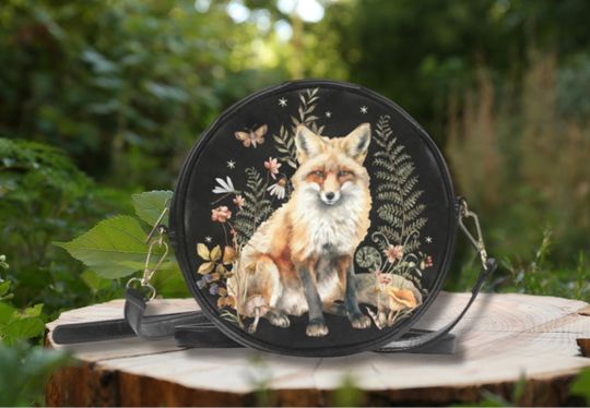 FLORAL BUNNY COTTAGECORE Round Crossbody Bag, Nature inspired Sling Bag, Black Messenger Bag, Cute Bunny Circle Purse