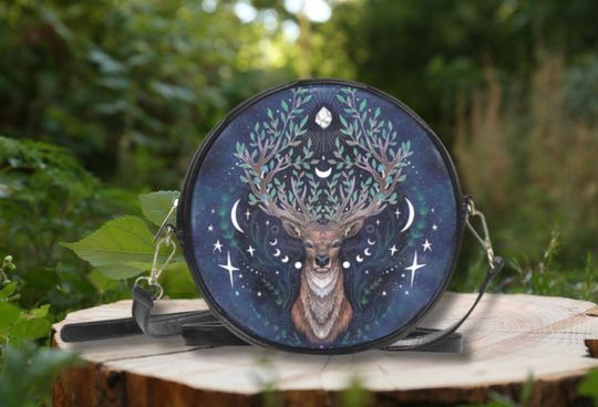 MYSTICAL DEER Round Crossbody Bag, Forestcore Messenger Bag, Animal Lover Gift, Christmas Deer Round Drum Sling Bag