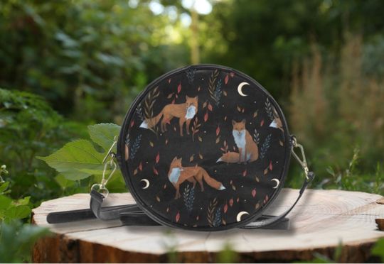 FALL FOX Round Messenger Bag,  Black PU Leather Bag, Mystical Witchy Shoulder Bag, Cottagecore Crossbody bag