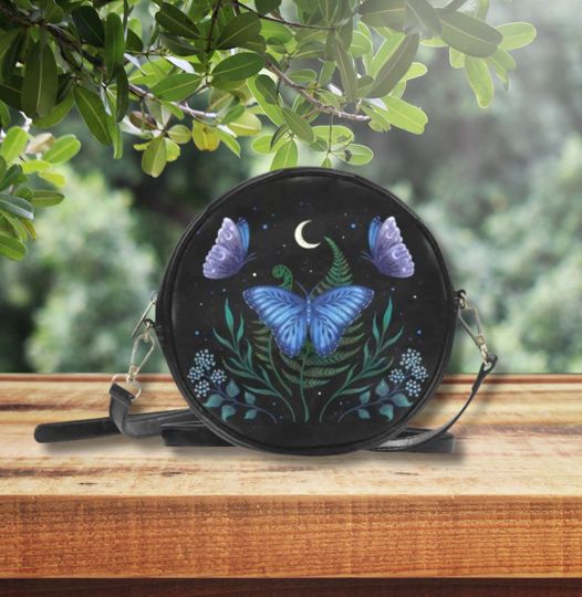 BLUE MORPHO BUTTERFLY Round Crossbody Bag,Mystical Moth Shoulder Bag, Butterflies Sling Bag, Moon Moth Messenger Bag