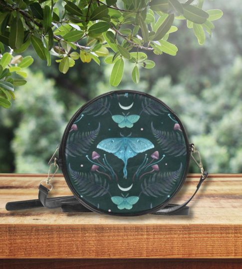 MYSTICAL LUNA MOTH Round Crossbody Bag, Black Vegan Leather Purse, Moon Moth Shoulder Bag, Witchcore Sling Bag, Cottagecore Crossbody Purse