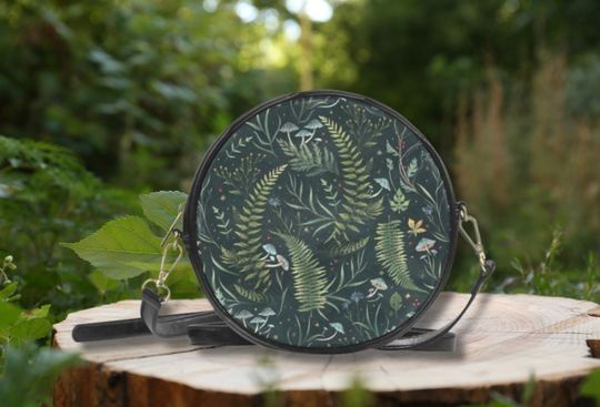 FERN Round Messenger Bag, Black PU Leather Bag, Mystical Witchy Shoulder Bag Dark Cottagecore Crossbody Purse