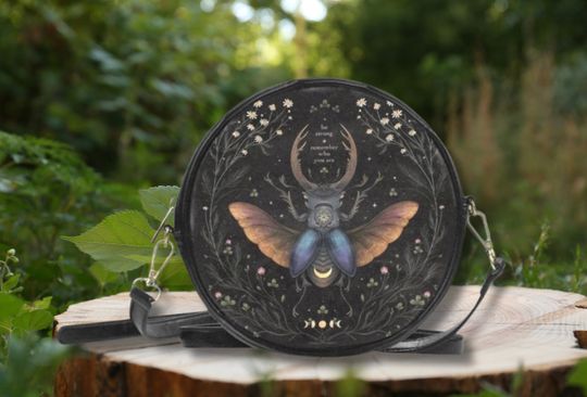 MYSTICAL BUG Celestial Round Crossbody Bag, Nature inspired Sling Bag, Black Messenger Bag, Witchy Crossbody Circle bag