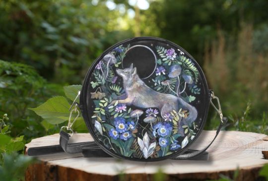 MYSTICAL WOLF Round Messenger Bag, Boho Witchy Shoulder Bag with Full Moon Wolf and Night Flowers print