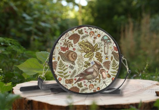 BIRD FROG SNAIL Round Messenger Bag, Goblincore Round Drum Sling Bag, Dark Cottagecore Purse, Witchy Bag