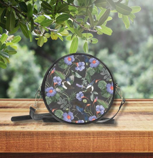 MAGPIE & BINDWEED Flowers Round Messenger Bag, Floral Magpies Black PU Leather Bag, Boho Witchy Shoulder Bag