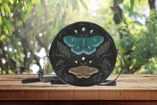Magical Emperor Moth Round Crossbody Bag, Mystical Moth Bag, Moon Moth Messenger Bag, Butterflies Drum Sling Bag
