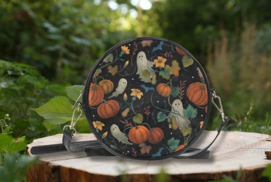 PUMPKIN GHOST Round Messenger Bag, Black PU Leather Bag, Mystical Witchy Shoulder Bag, Fall inspired handbag
