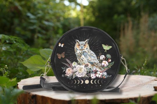 MYSTICAL CELESTIAL OWL Round Crossbody Bag, Floral Owl Messenger Bag, Forest Bird Shoulder Bag, Bird watching Sling Bag