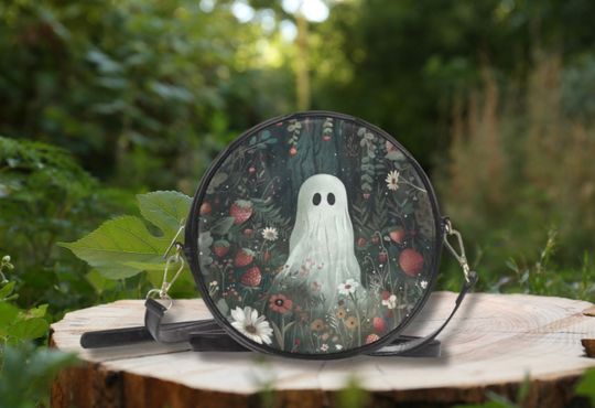 STRAWBERRY GHOST Round Messenger Bag, Black PU Leather Bag,  Witchy Shoulder Bag, Cute Halloween Ghoul bag